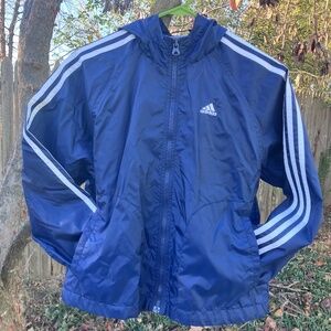 Navy Boy’s Medium ADIDAS 3 Stripe Sleeve Full Zip Hooded Windbreaker Jacket EUC